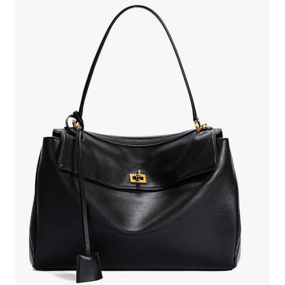 Nwot Womens Black Faux Leather Gold Accent Flap Buckle Shoulder Bag